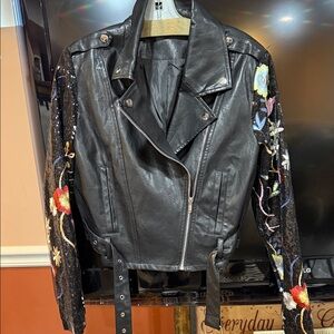 Embroidered Black Leather Jacket